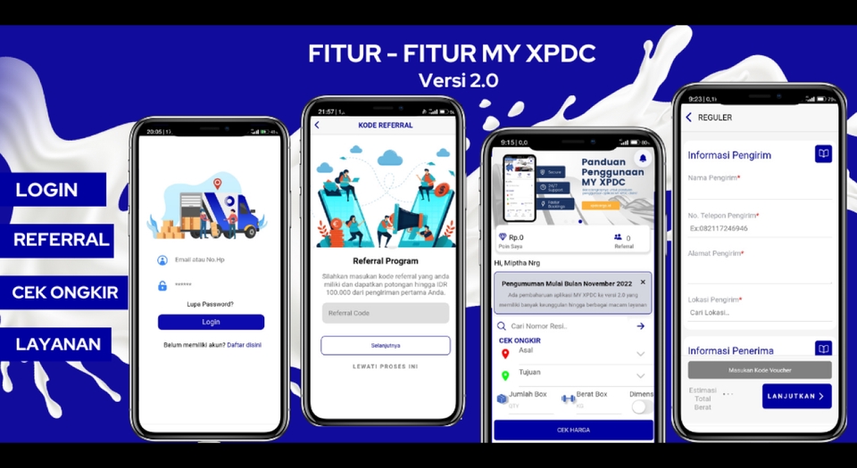 Desain UI UX aplikasi mobile dengan fitur-fitur untuk referral program, cek ongkir, layanan, dan informasi pengiriman