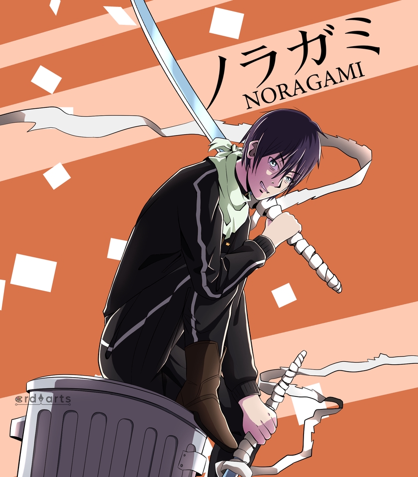 Ilustrasi anime Noragami dengan karakter Yato memegang senjata dan berdiri di atas tempat sampah.