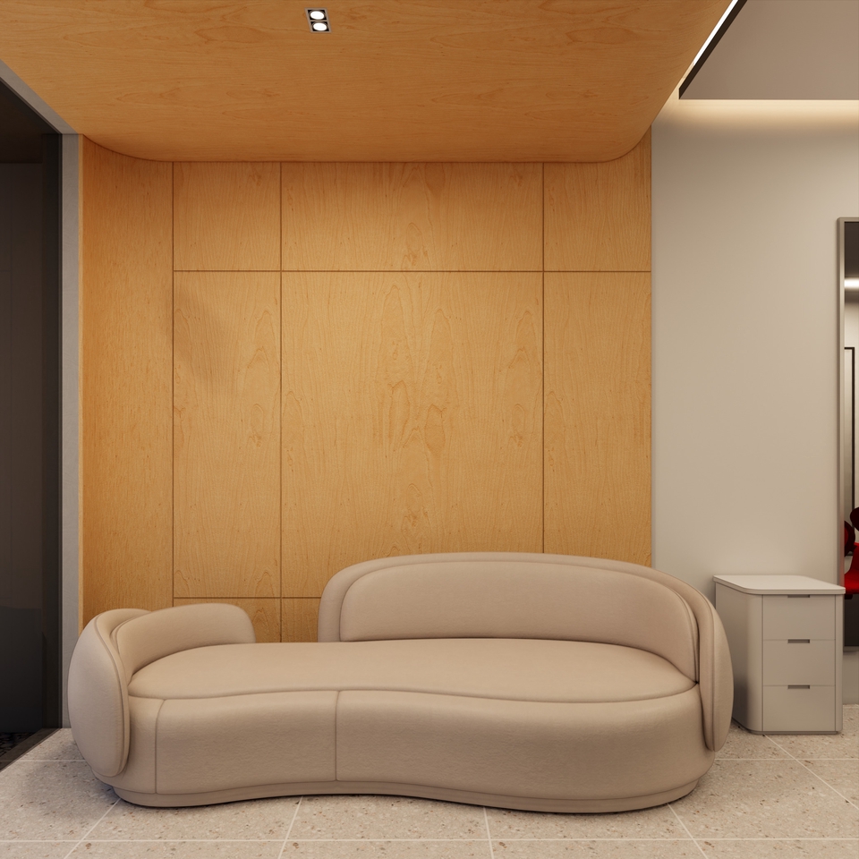 Desain kursi minimalis modern dengan bentuk melengkung untuk ruang tamu atau ruang keluarga.