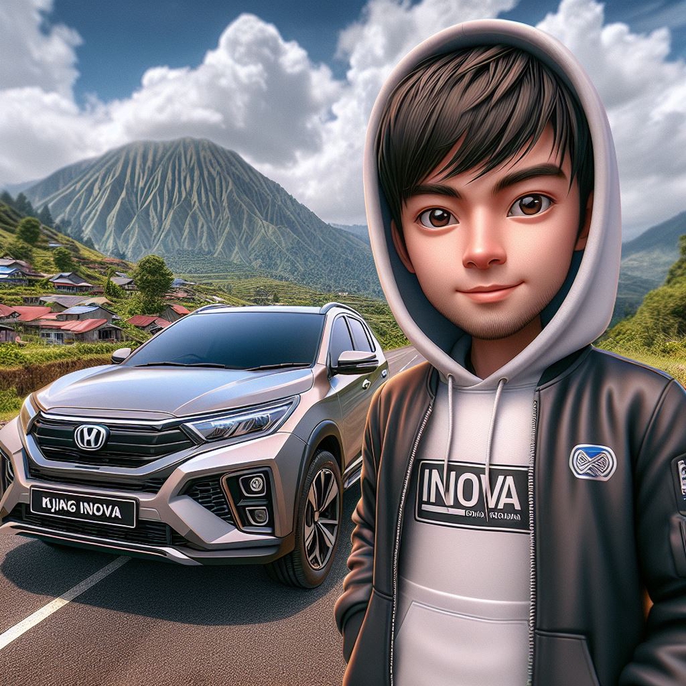 Jasa ilustrasi karakter kartun lucu untuk pria dengan latar belakang pemandangan alam dan mobil