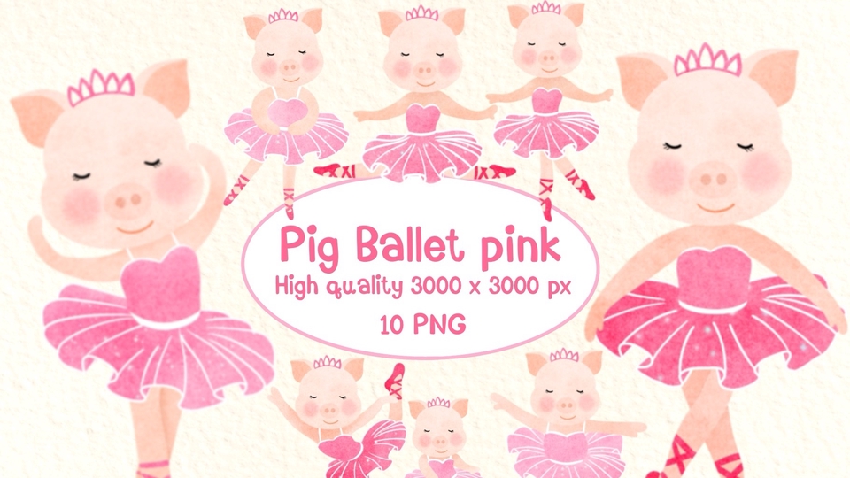 รับวาดรูปการ์ตูนหมูในชุดบัลเลต์สีชมพู น่ารัก 3d 10 ภาพ