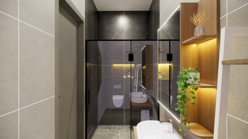 Desain Interior Kamar Mandi Minimalis dengan Cermin dan Rak Kayu