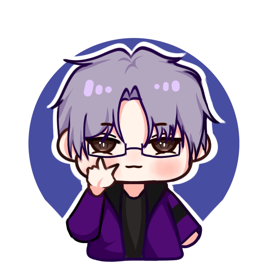 Ilustrasi karakter pria anime berambut ungu dengan kacamata dan ekspresi wajah yang percaya diri