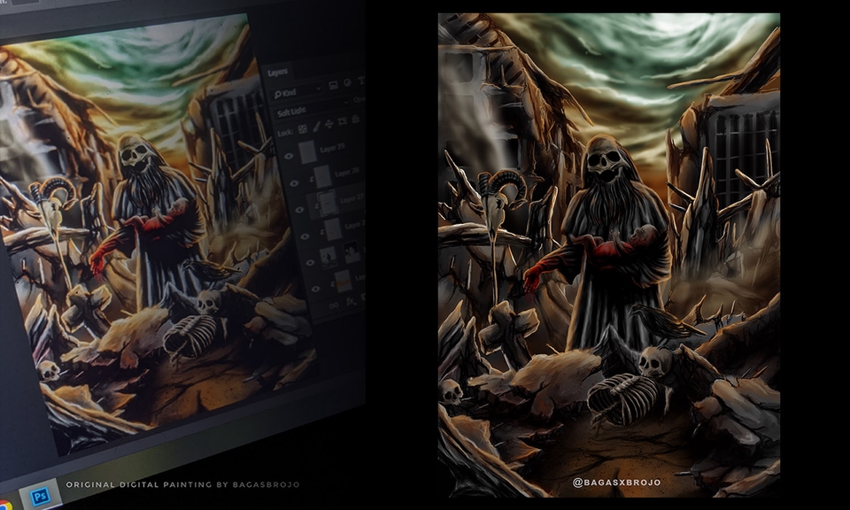 Ilustrasi digital menakutkan dengan dua figur berjubah di reruntuhan kota.