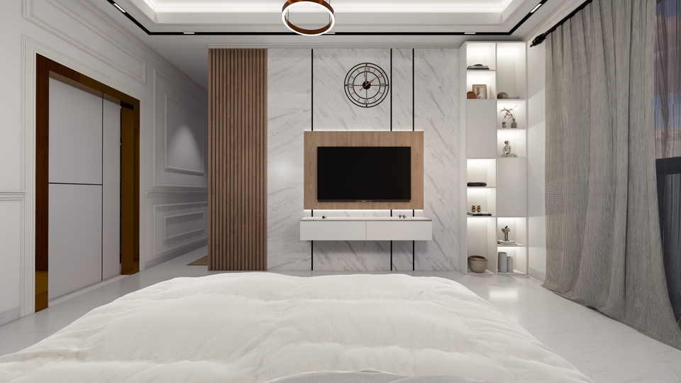 Jasa desain interior rumah minimalis modern dengan desain ruang tamu yang dilengkapi dengan tv dan rak.