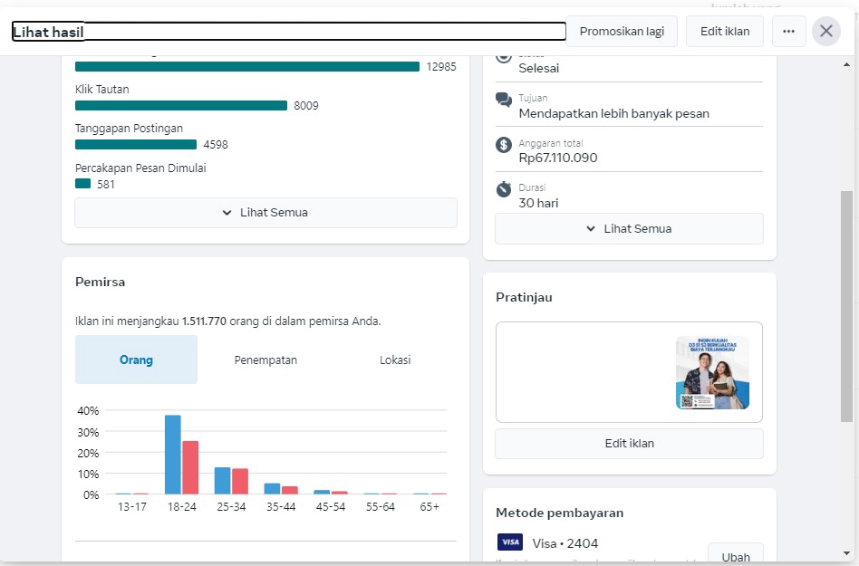Jasa iklan Facebook dan Instagram, jasa pasang iklan facebook dan instagram, jasa marketing instagram dan facebook, jasa iklan social media. Lihat hasil laporan iklan facebook dan instagram, contoh hasil analisa iklan instagram, contoh laporan analisa performa iklan Facebook dan Instagram, contoh laporan kinerja kampanye iklan digital marketing