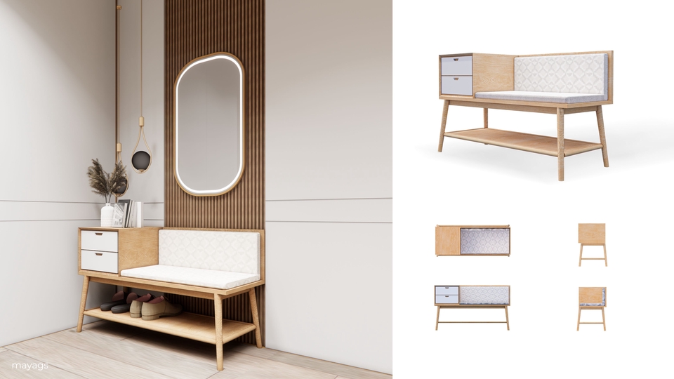 Jasa desain interior ruang tamu minimalis dengan bangku dan cermin, desain interior rumah, jasa desain interior, desain ruang tamu, desain interior, desain minimalis.