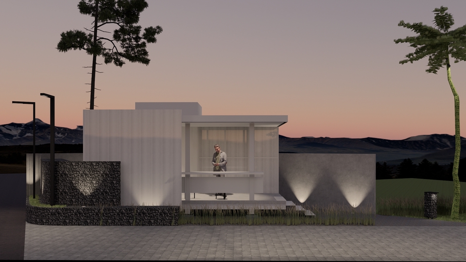 Jasa desain eksterior 3D, rumah minimalis modern dengan taman hijau, desain arsitektur freelance, jasa gambar 3D, jasa desain rumah.