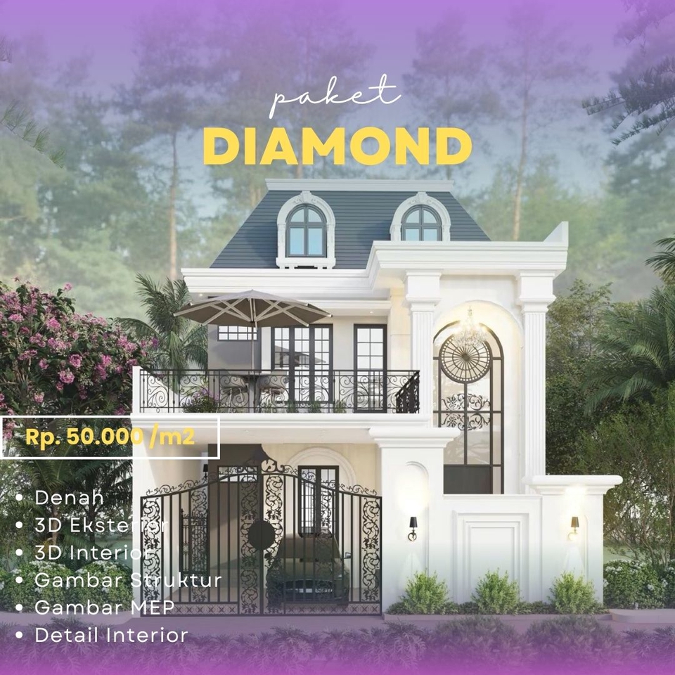 Jasa desain arsitektur rumah minimalis modern dengan paket diamond, desain 3d, gambar denah, interior, dan eksterior.