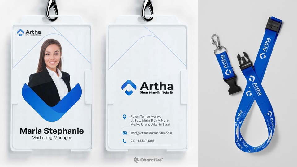 Kartu nama untuk Maria Stephanie, Marketing Manager, dengan desain modern berwarna biru dan logo Arthasinar Mandiri Teknik.