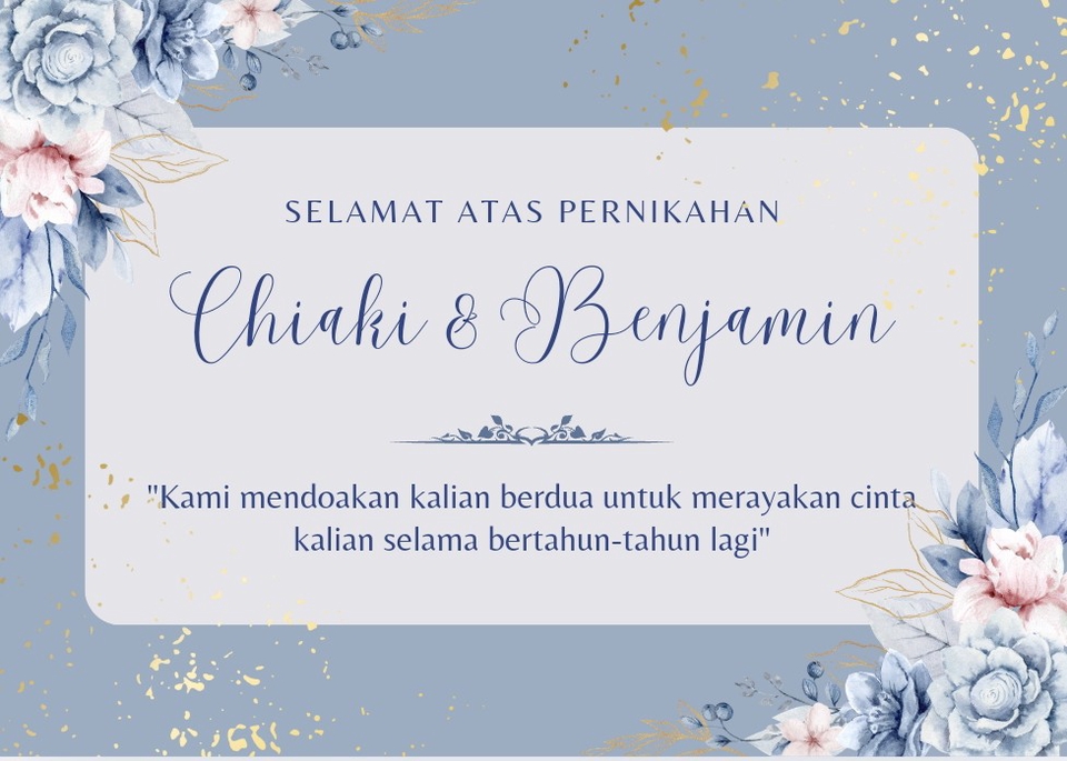 Jasa desain kartu ucapan pernikahan dengan desain bunga biru dan emas dengan nama Chiaki dan Benjamin.