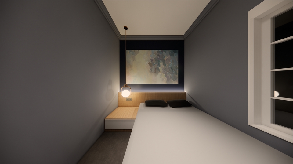 Desain interior kamar tidur minimalis dengan lampu gantung dan jendela kaca di samping tempat tidur.