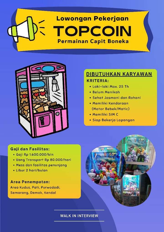 Lowongan Pekerjaan Topcoin, Permainan Capit Boneka, Dibutuhkan Karyawan, Gaji dan Fasilitas, Area Penempatan, Walk in Interview.