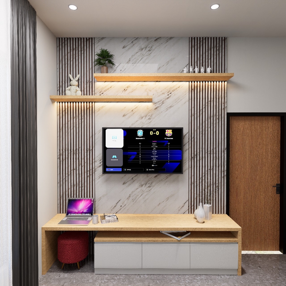 Desain interior ruang tamu dengan televisi, rak dinding, dan meja kerja