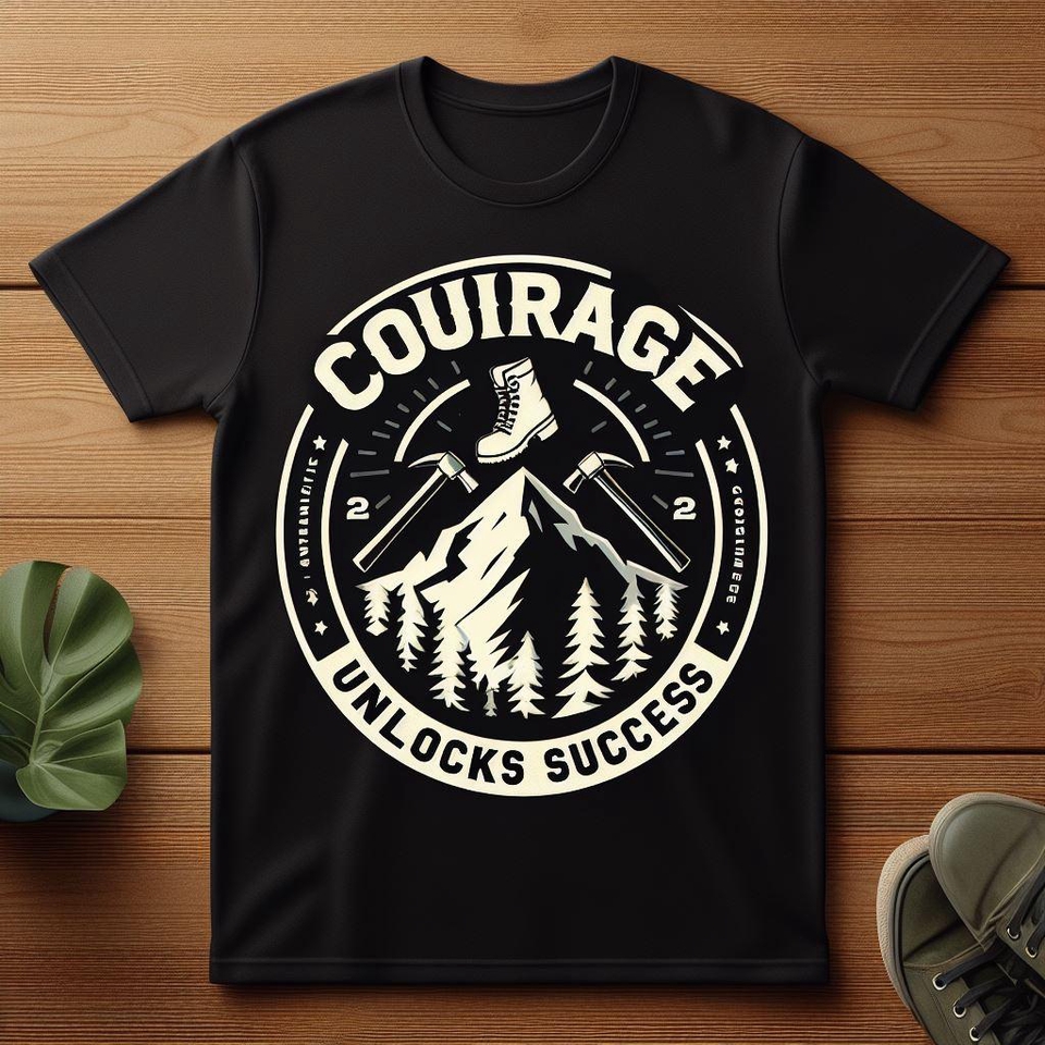 Desain kaos distro dengan motif gunung, kapak, dan sepatu dengan teks "Courage unlocks success" cocok untuk pria dan wanita.