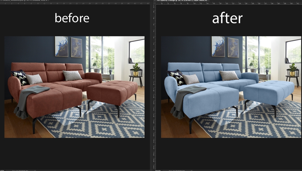รับทำ photoshop รับแต่งรูปภาพ รับแก้ไขภาพ เปลี่ยนสีโซฟา จากสีน้ำตาลเป็นสีฟ้า