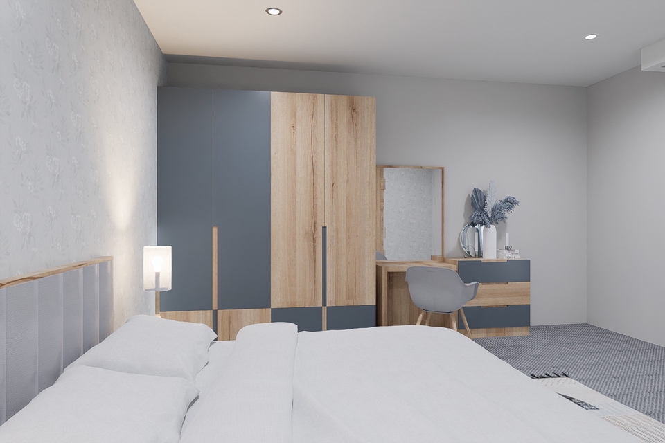 Jasa desain interior kamar tidur minimalis dengan lemari dan meja rias 3D.