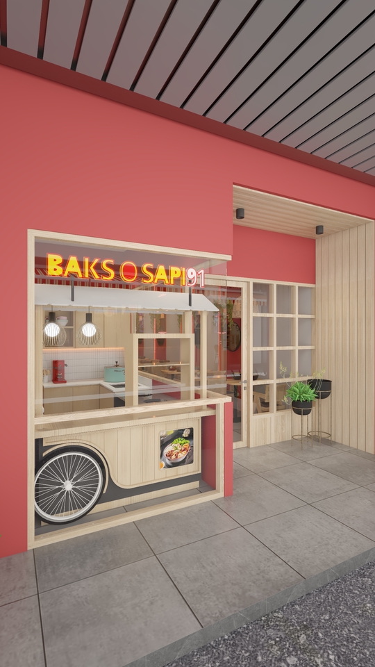 Jasa desain 3d cafe minimalis dengan interior sederhana dan unik, cocok untuk bisnis kuliner kecil.