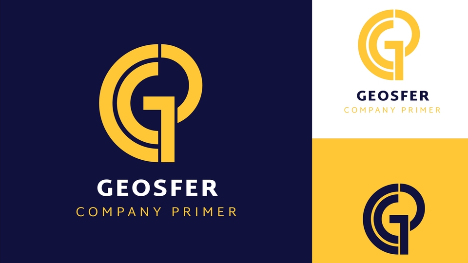 Logo G berwarna kuning dengan desain minimalis untuk perusahaan bernama Geosfer.