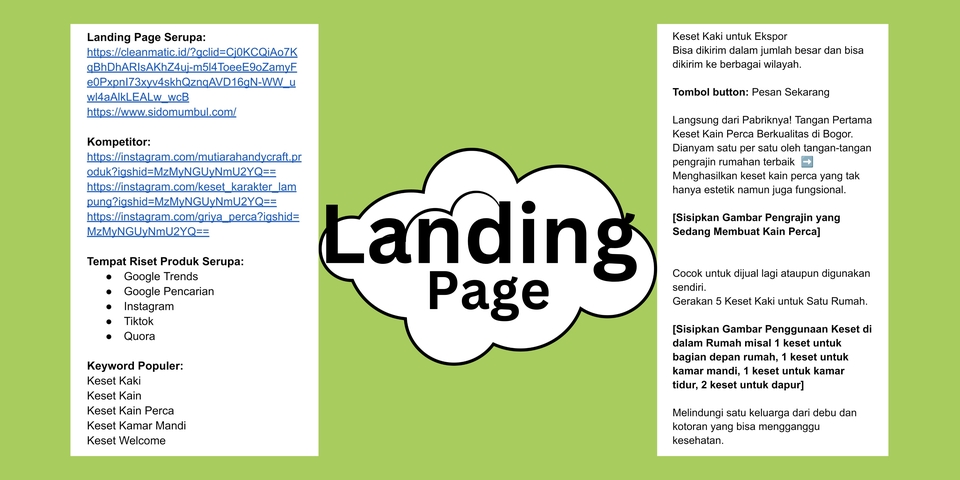 Jasa pembuatan landing page, copywriting produk keset, konten writer Indonesia.