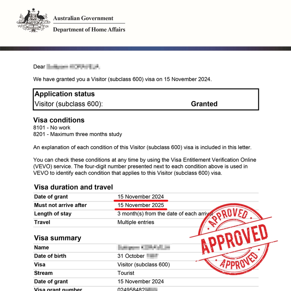 รับทำวีซ่าออสเตรเลีย วีซ่าผ่านอนุมัติแล้ว Visitor subclass 600