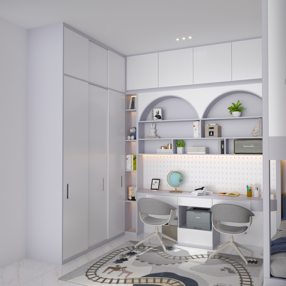 Jasa desain interior rumah minimalis modern dengan rak buku dan meja kerja, desain interior kamar tidur minimalis, jasa desain interior apartemen