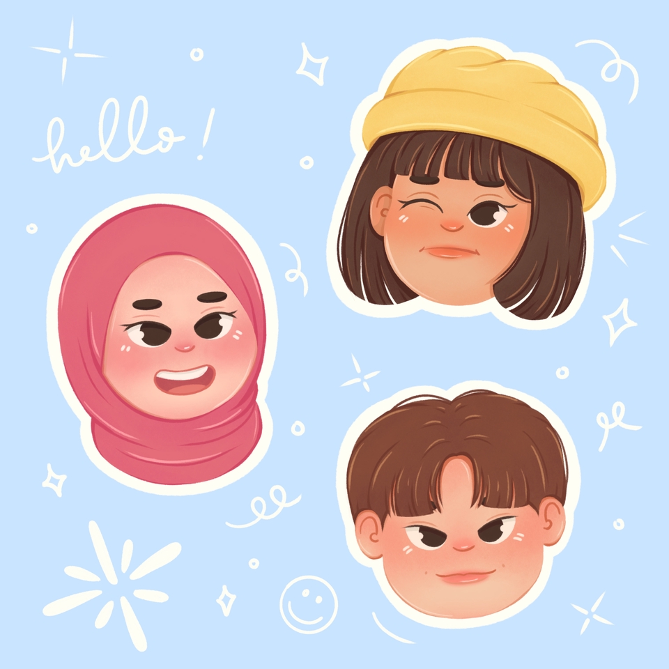 Ilustrasi kartun tiga orang dengan gaya lucu, cocok untuk desain karakter, desain ilustrasi, jasa gambar kartun, dan jasa desain ilustrasi.