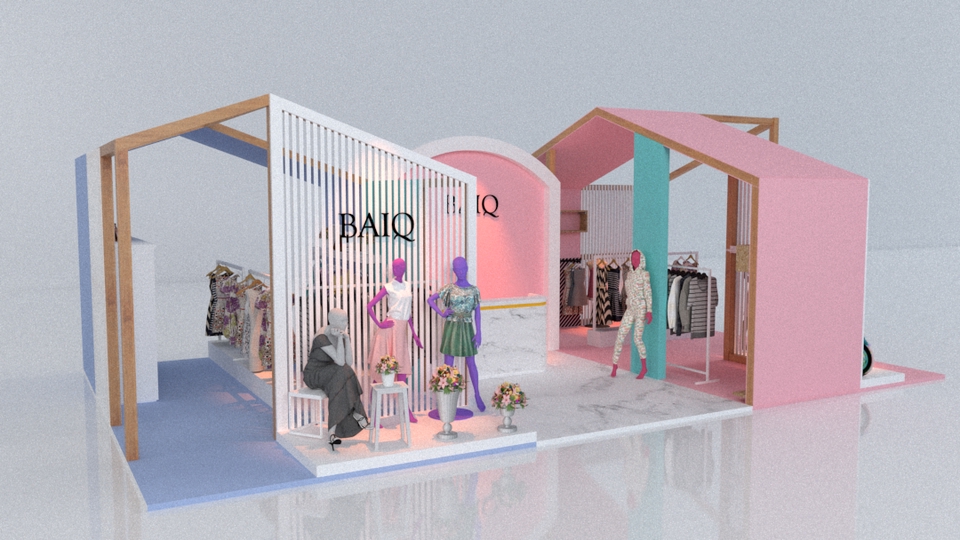 Desain stand pameran minimalis dengan konsep modern untuk toko baju