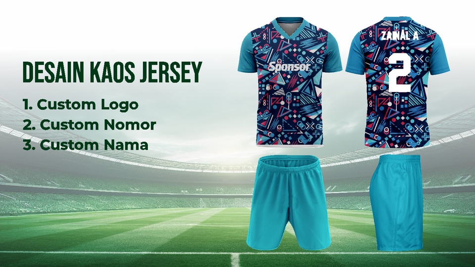 Desain kaos jersey futsal custom, sablon logo nomor nama. Jasa desain baju bola, jersey printing.