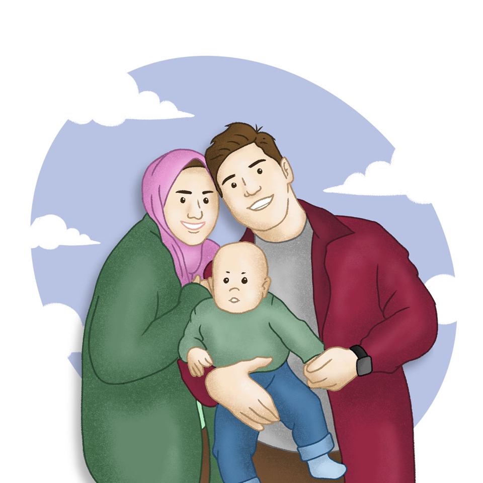 Jasa pembuatan karikatur keluarga dengan desain vektor wajah, cocok untuk hadiah atau kenang-kenangan.