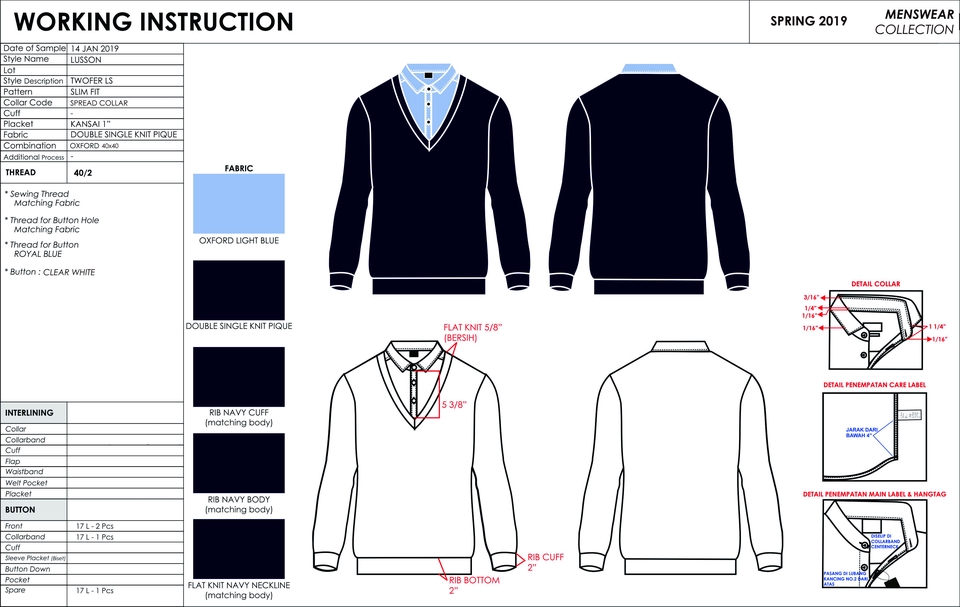 Desain kaos pria dengan kerah V, lengan panjang, dan bahan Oxford Light Blue.