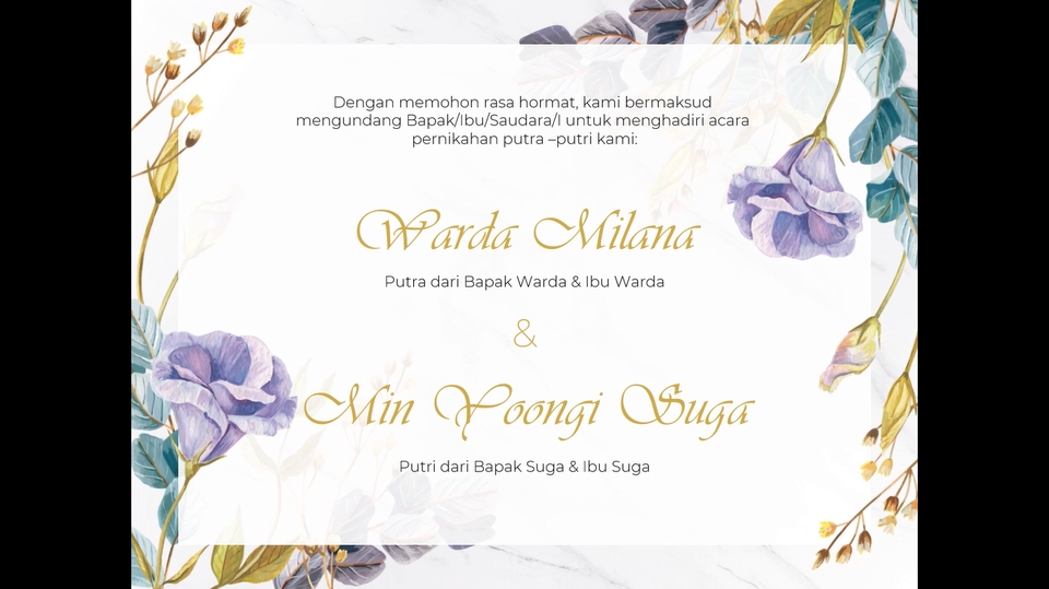 Jasa pembuatan motion graphic untuk undangan pernikahan dengan desain bunga dan warna ungu, harga jasa motion graphic untuk pernikahan