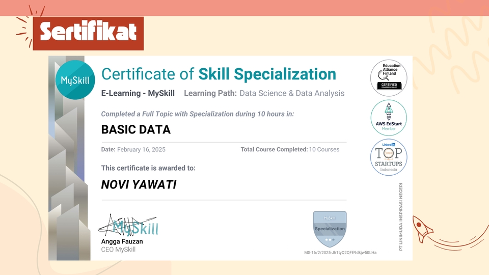 Sertifikat data entry spesialisasi basic data dari MySkill untuk Novi Yawati