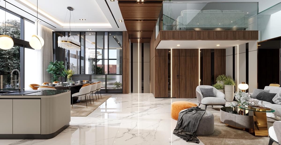 Desain interior ruang makan dengan meja makan kayu dan kursi kayu minimalis untuk desain rumah modern