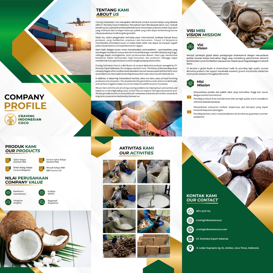 Desain portofolio CV profesional dengan logo kelapa untuk branding jasa pembuatan CV dan resume yang menarik.