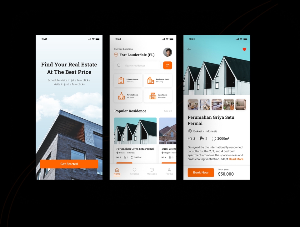 Desain antarmuka pengguna (UI) dan pengalaman pengguna (UX) untuk aplikasi mobile, menampilkan properti real estate di Indonesia.