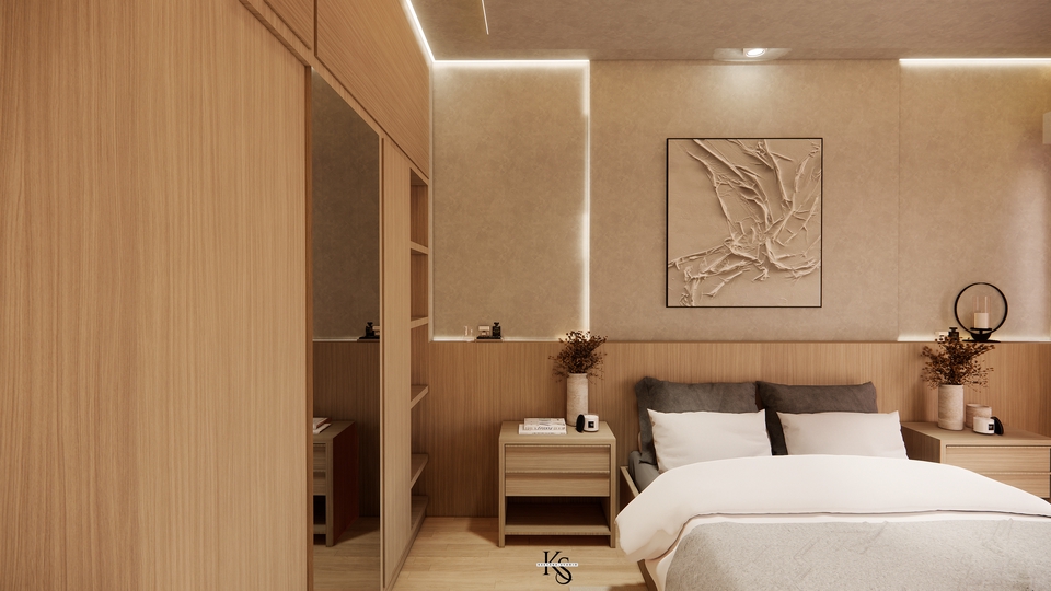 Desain lemari pakaian minimalis dengan pintu geser dan rak dinding untuk ruang tidur