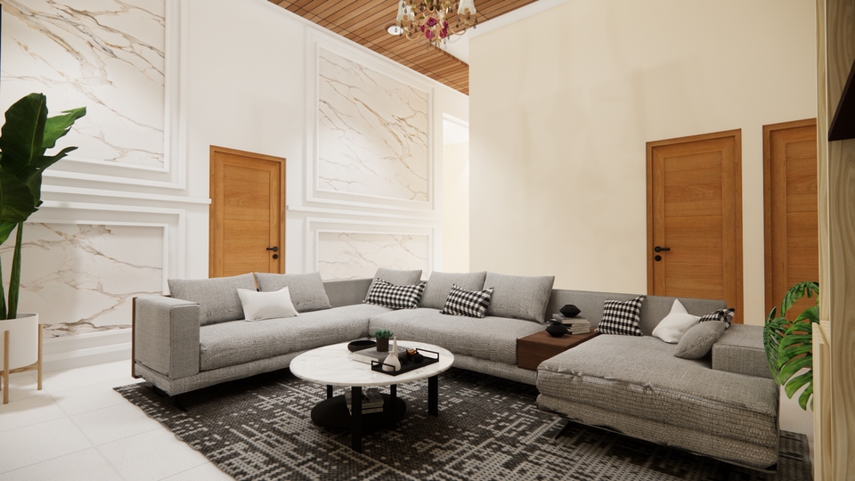 Desain interior ruang tamu minimalis dengan sofa abu-abu dan meja kayu. jasa desain interior rumah minimalis, desain ruang tamu minimalis, desain interior rumah, desain interior apartemen, desain arsitektur.