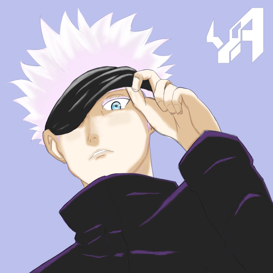 Jasa desain karakter anime pria dengan gaya rambut putih dan menggunakan penutup mata hitam.