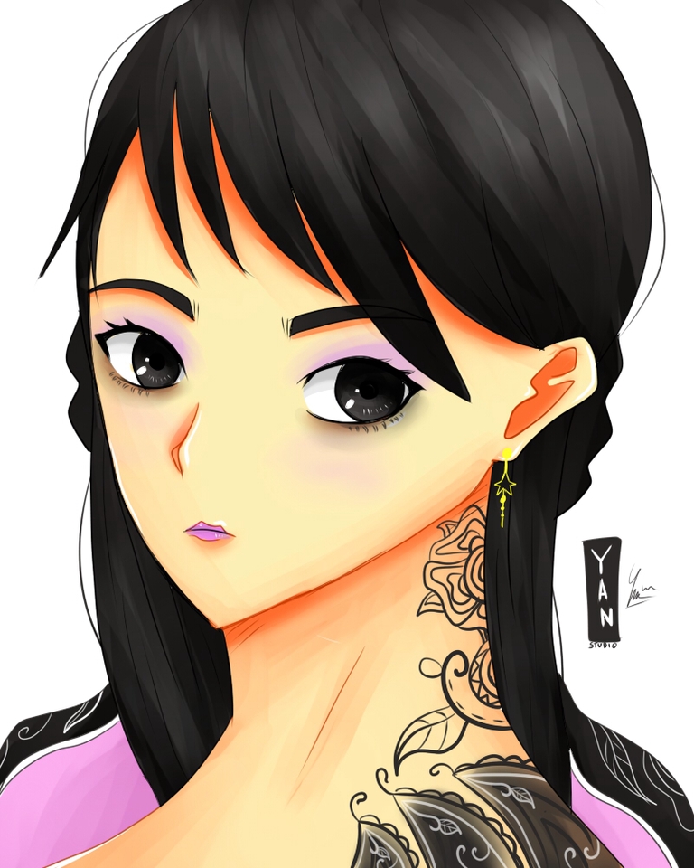 Ilustrasi digital wanita berambut hitam dengan tato di lehernya.