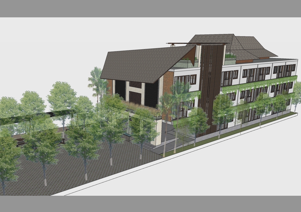 Jasa desain exterior 3d untuk desain rumah minimalis modern dengan taman hijau.