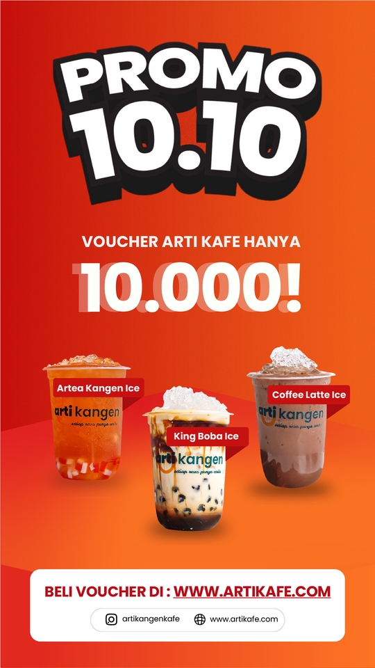 Promo Arti Kafe 1010: Voucher diskon 10000 untuk pembelian minuman Arti Kangen seperti Artea Kangen Ice, King Boba Ice, dan Coffee Latte Ice.  Beli voucher di artikafe.com. Jasa penulisan artikel Indonesia.