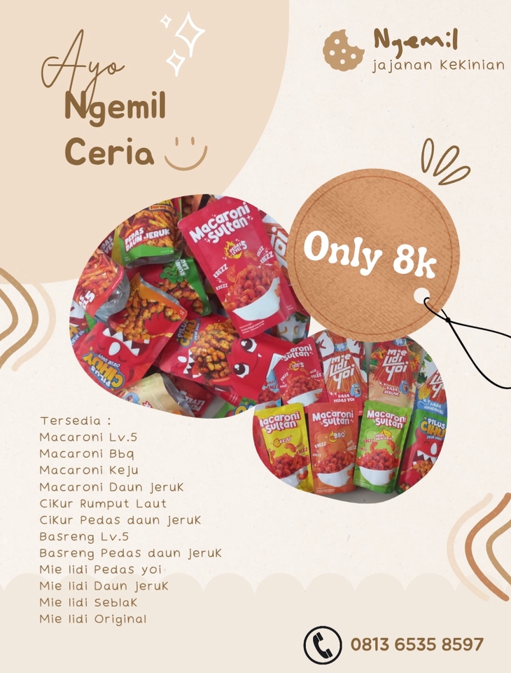 Jajanan makanan ringan seperti makaroni dan mie lidi, cocok untuk camilan.