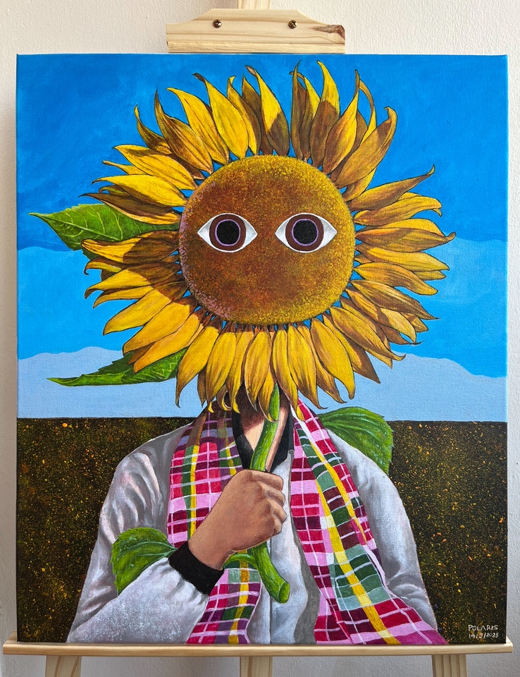 รับวาดภาพเหมือนภาพสีน้ำมันแนว surreal ดอกทานตะวันบังหน้าคน ภาพเหมือนสไตล์ศิลปะ วาดภาพบุคคล