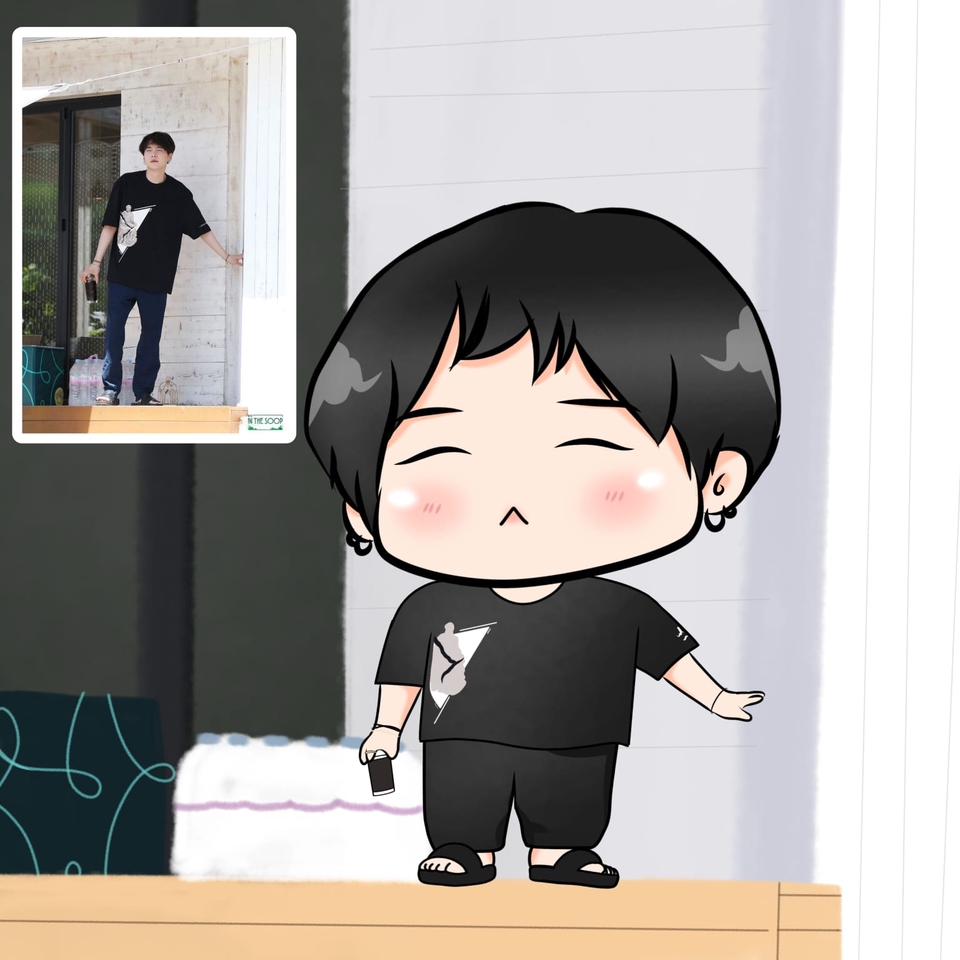 Ilustrasi kartun lucu seorang pria dengan baju hitam sedang memegang kaleng minuman