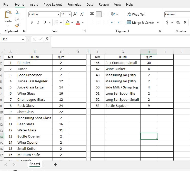 Jasa data entry excel untuk mengumpulkan data inventaris bar dan restoran dengan rincian jumlah setiap item