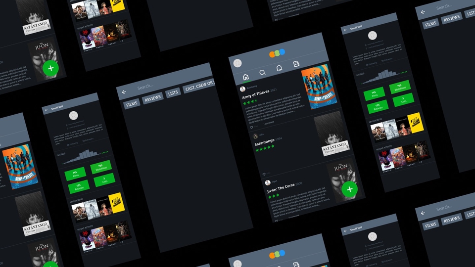 Contoh desain UI UX aplikasi mobile untuk desainer freelance, menampilkan berbagai desain interface, termasuk antarmuka aplikasi, halaman login, dan halaman profil pengguna.