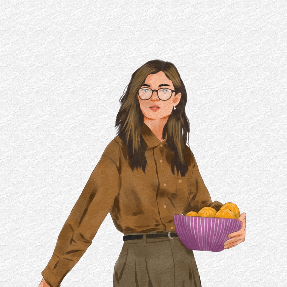Ilustrasi wanita berambut cokelat dengan kacamata sedang memegang mangkuk buah