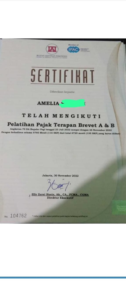 Sertifikat Pelatihan Pajak Terapan Brevet A&B Amelia, Jasa Konsultan Pajak