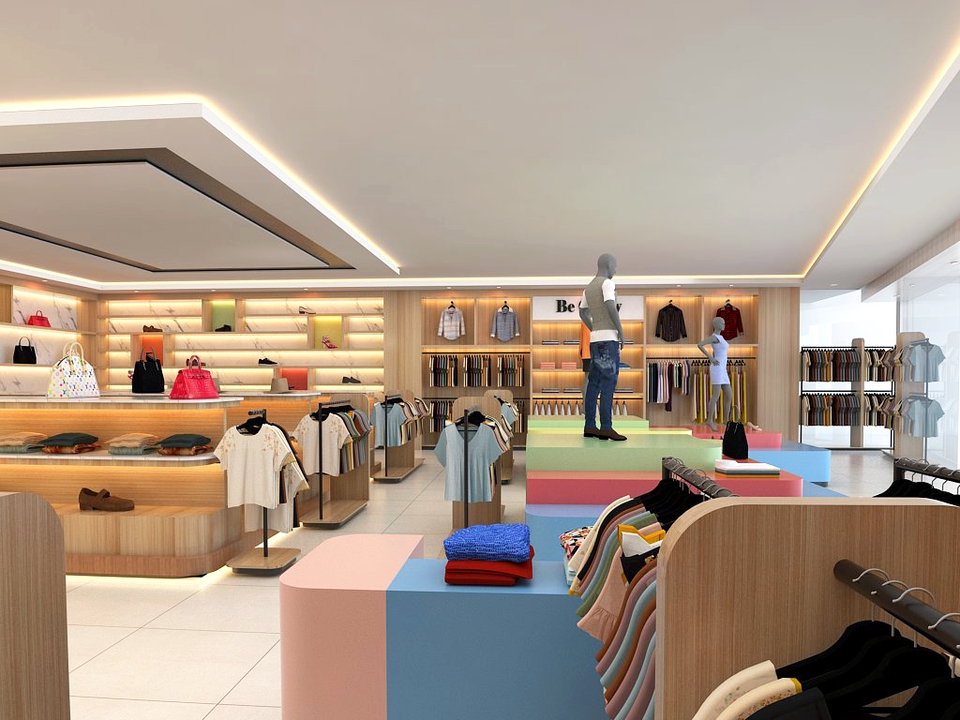 Desain lemari pakaian minimalis dengan rak dan meja tv di dalam ruangan toko